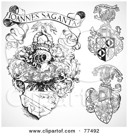 Royalty-Free (RF) Clipart Illustration of a Digital Collage Of Black And White Gothic Banner Shields by BestVector
