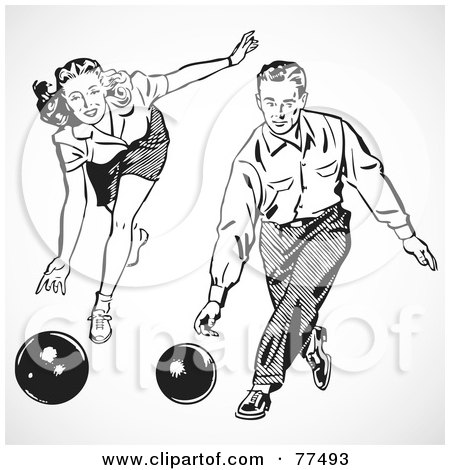 Royalty-Free (RF) Clipart Illustration of a Digital Collage Of A Retro Black And White Man And Woman Bowling by BestVector