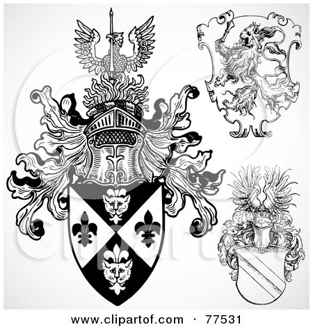 Royalty-Free (RF) Clipart Illustration of a Digital Collage Of Three Black And White Gothic Shield Crests by BestVector