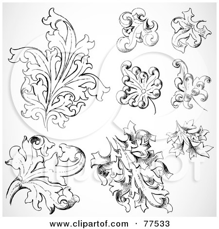 Royalty-Free (RF) Clipart Illustration of a Digital Collage Of Ornate Elegant Black And White Leaves by BestVector