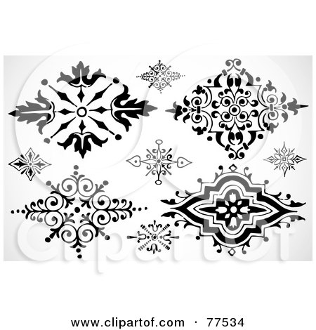Royalty-Free (RF) Clipart Illustration of a Digital Collage Of Black And White Floral Elements by BestVector