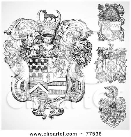 Royalty-Free (RF) Clipart Illustration of a Digital Collage Of Four Ornate Gothic Coat Of Arms Shields by BestVector