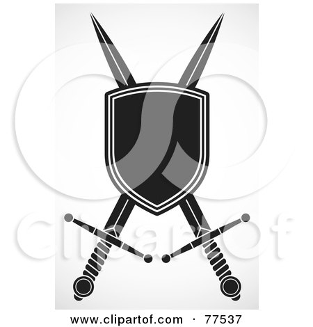 Royalty-Free (RF) Clipart Illustration of a Black And White Shield With Crossed Swords by BestVector