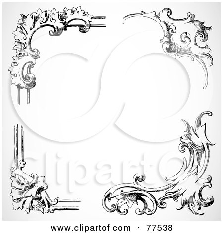 Royalty-Free (RF) Clipart Illustration of a Black And White Border Of Floral Corner Borders - Version 3 by BestVector