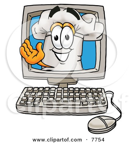 Clipart Picture of a Chefs Hat Mascot Cartoon Character Waving From Inside a Computer Screen by Mascot Junction