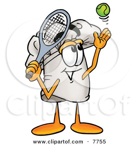 Clipart Picture of a Chefs Hat Mascot Cartoon Character Preparing to Hit a Tennis Ball by Mascot Junction