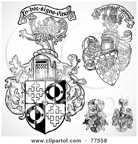 Royalty-Free (RF) Clipart Illustration of a Digital Collage Of Black And White Floral Shields by BestVector