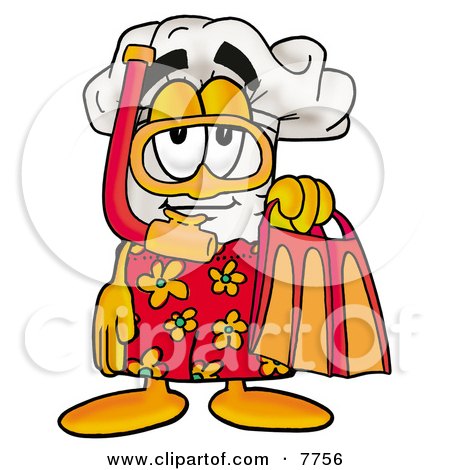 Clipart Picture of a Chefs Hat Mascot Cartoon Character in Orange and Red Snorkel Gear by Mascot Junction