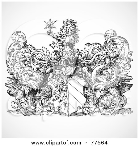 Royalty-Free (RF) Clipart Illustration of a Black And White Shield With Vines And A Lion Holding A Star by BestVector