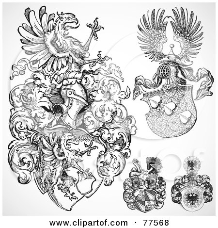 Royalty-Free (RF) Clipart Illustration of a Digital Collage Of Four Black And White Gothic Crests And Shields by BestVector