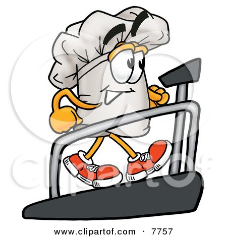 Clipart Picture of a Chefs Hat Mascot Cartoon Character Walking on a Treadmill in a Fitness Gym by Mascot Junction