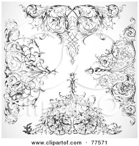Royalty-Free (RF) Clipart Illustration of a Digital Collage Of Four Black And White Ornate Floral Corner Elements by BestVector