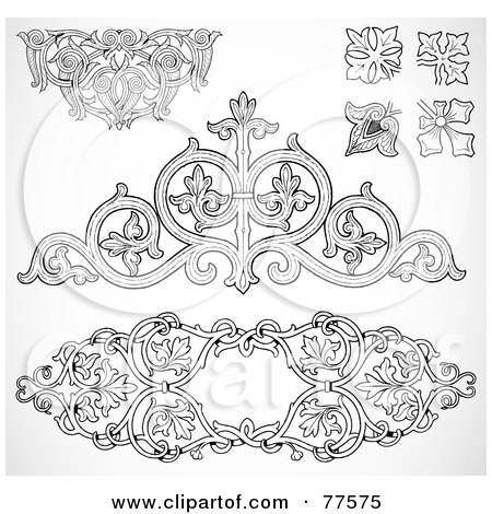 Royalty-Free (RF) Clipart Illustration of a Digital Collage Of Black And White Wrought Iron Floral Elements by BestVector