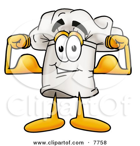 Clipart Picture of a Chefs Hat Mascot Cartoon Character Flexing His Arm Muscles by Mascot Junction