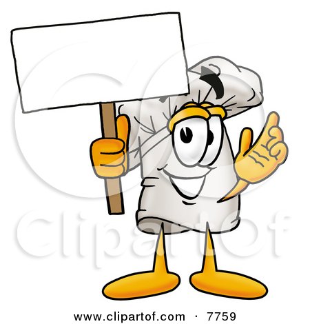 Clipart Picture of a Chefs Hat Mascot Cartoon Character Holding a Blank Sign by Mascot Junction