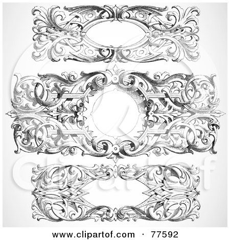 Royalty-Free (RF) Clip Art Illustration of a Digital Collage Of Three Black And White Vintage Baroque Frames by BestVector