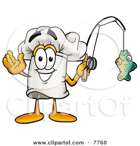 Clipart Picture of a Chefs Hat Mascot Cartoon Character Holding a Fish on a Fishing Pole by Mascot Junction