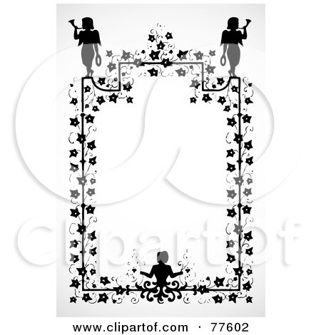 Royalty-Free (RF) Clipart Illustration of a Black And White Ivy And Angel Frame by BestVector