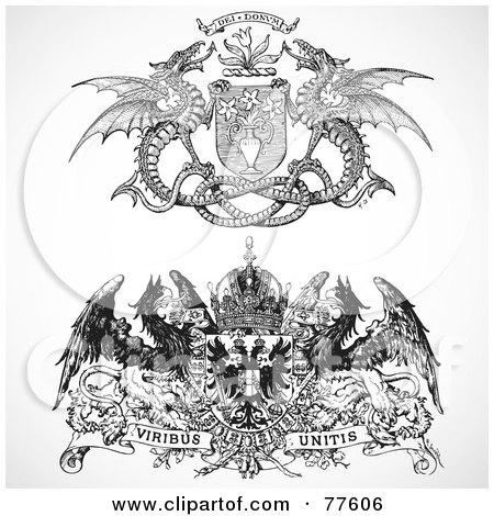 Royalty-Free (RF) Clipart Illustration of a Digital Collage Of Two Black And White Heraldic Phoenix And Dragon Headers by BestVector