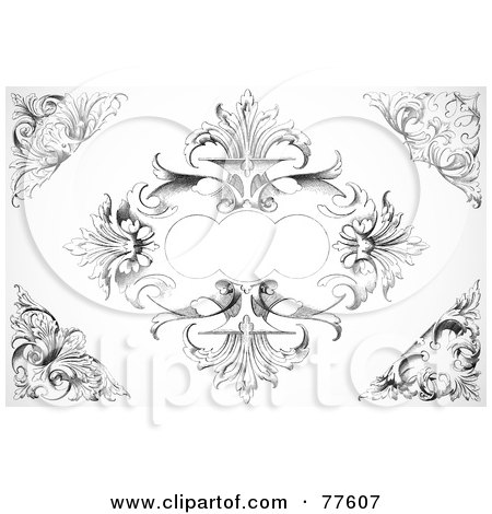 Royalty-Free (RF) Clipart Illustration of a Black And White Corner And Sign Baroque Design Element Set by BestVector