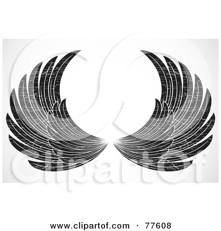 Royalty-Free (RF) Clipart Illustration of a Pair Of Grungy Black And White Spanned Feathered Wings by BestVector