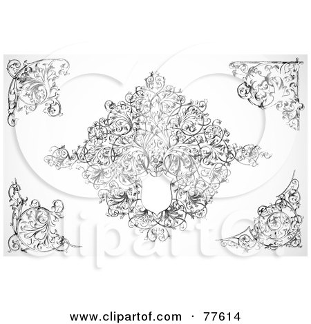 Royalty-Free (RF) Clipart Illustration of a Digital Collage Of Corner And Shield Floral Design Elements by BestVector