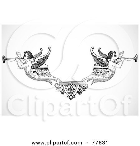 Royalty-Free (RF) Clipart Illustration of a Black And White Dual Angel Trumpeter Header, by BestVector