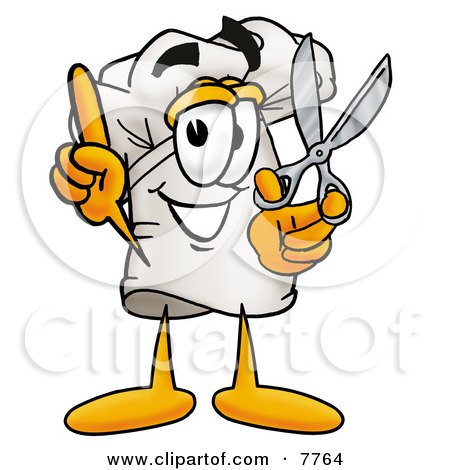 Clipart Picture of a Chefs Hat Mascot Cartoon Character Holding a Pair of Scissors by Mascot Junction