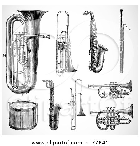 Royalty-Free (RF) Clipart Illustration of a Digital Collage Of Antique Brass Instruments And Drums by BestVector