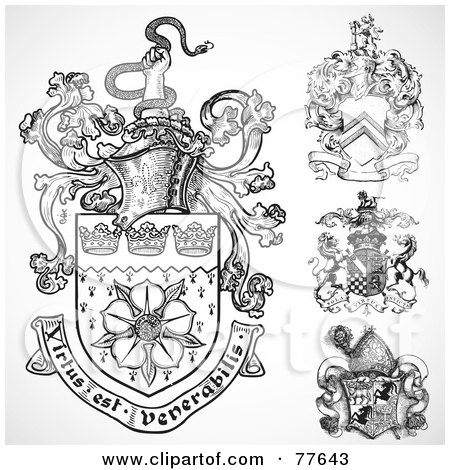 Royalty-Free (RF) Clipart Illustration of a Digital Collage Of Black And White Coat Of Arm Shields by BestVector