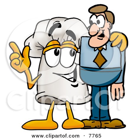 Clipart Picture of a Chefs Hat Mascot Cartoon Character Talking to a Business Man by Mascot Junction