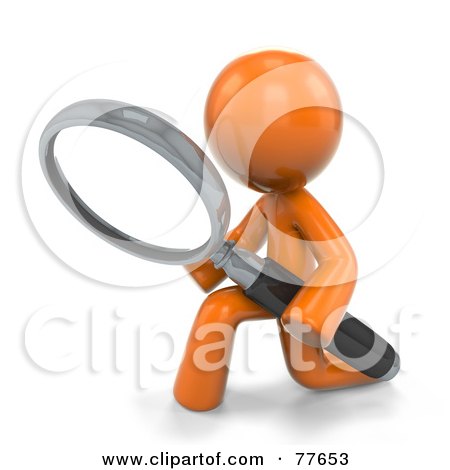 Royalty-Free (RF) Clipart Illustration of a 3d Orange Factor Man Kneeling And Searching With A Magnifying Glass by Leo Blanchette