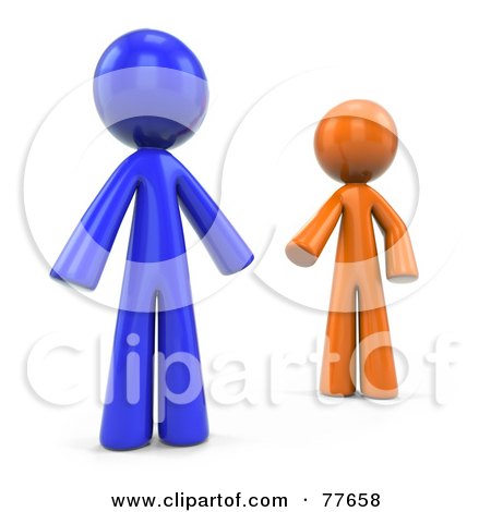 Royalty-Free (RF) Clipart Illustration of 3d Orange And Blue Factor Men Reaching For Each Other by Leo Blanchette
