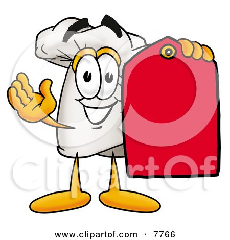 Clipart Picture of a Chefs Hat Mascot Cartoon Character Holding a Red Sales Price Tag by Mascot Junction