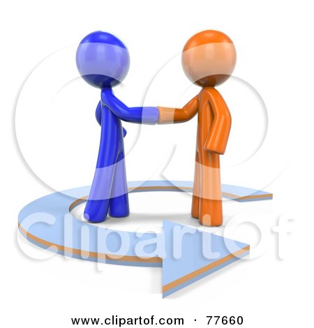 Royalty-Free (RF) Clipart Illustration of 3d Orange And Blue Factor Men Shaking Hands In An Arrow by Leo Blanchette