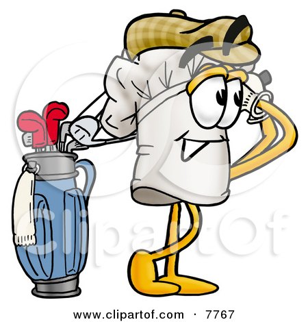 Clipart Picture of a Chefs Hat Mascot Cartoon Character Swinging His Golf Club While Golfing by Mascot Junction