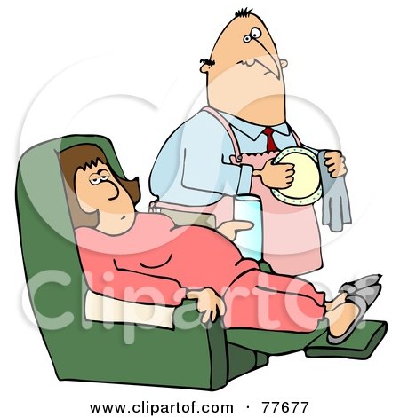 Royalty-Free (RF) Clipart Illustration of a Man Drying A Dish And Standing By His Sick Or Lazy Wife by djart