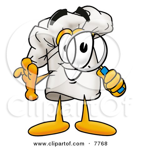 Clipart Picture of a Chefs Hat Mascot Cartoon Character Looking Through a Magnifying Glass by Mascot Junction