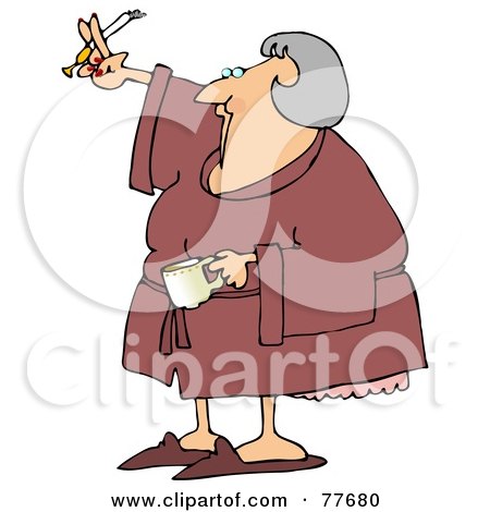 Royalty-Free (RF) Clipart Illustration of a Senior Woman Smoking A Cigarette And Drinking Coffee In A Robe by djart