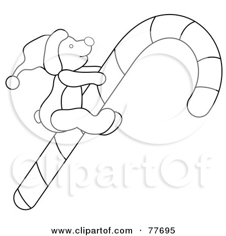 Royalty-Free (RF) Clipart Illustration of a Black And White Outline Of A Christmas Teddy Bear Riding A Candy Cane by Pams Clipart