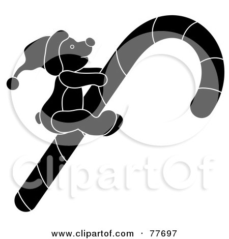 Royalty-Free (RF) Clipart Illustration of a Black Silhouetted Christmas Teddy Bear Riding A Candy Cane by Pams Clipart