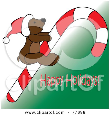 Royalty-Free (RF) Clipart Illustration of a Happy Holidays Greeting With A Teddy Bear On A Candy Cane Over Green by Pams Clipart
