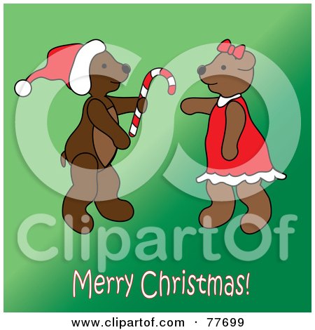 Royalty-Free (RF) Clipart Illustration of a Merry Christmas Greeting Of A Teddy Bear Giving A Candy Cane Over Green by Pams Clipart
