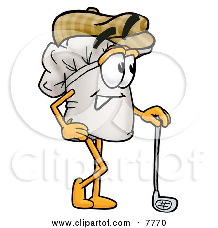 Clipart Picture of a Chefs Hat Mascot Cartoon Character Leaning on a Golf Club While Golfing by Mascot Junction