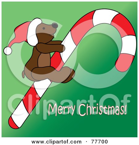 Royalty-Free (RF) Clipart Illustration of a Merry Christmas Greeting With A Teddy Bear On A Candy Cane Over Green by Pams Clipart