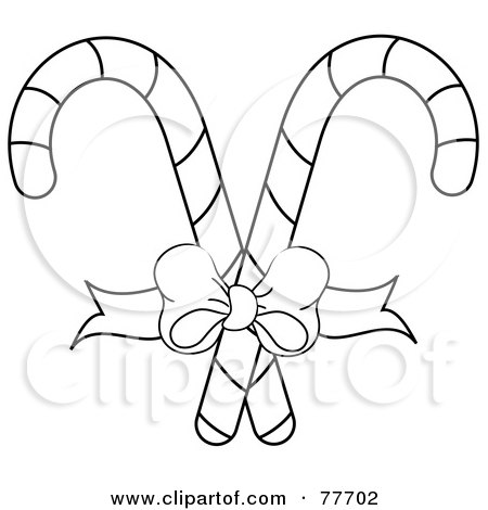 Royalty-Free (RF) Clipart Illustration of a Black And White Outline Of A Bow Tying Together Two Christmas Candy Canes by Pams Clipart