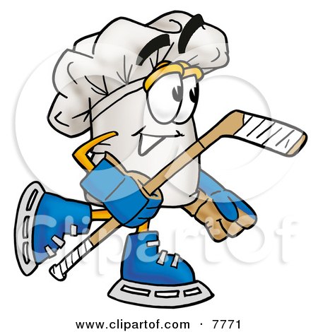 Clipart Picture of a Chefs Hat Mascot Cartoon Character Playing Ice Hockey by Mascot Junction