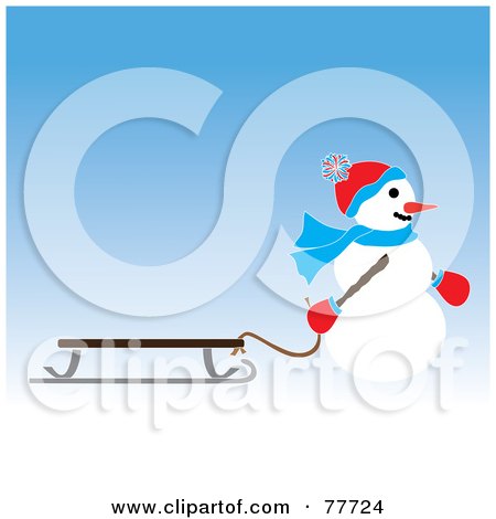 Royalty-Free (RF) Clipart Illustration of a Snowman Pulling A Sled Over Blue by Pams Clipart