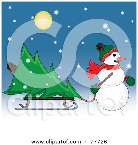 Royalty-Free (RF) Clipart Illustration of a Snowman Pulling A Christmas Tree On A Sled Through The Snow by Pams Clipart
