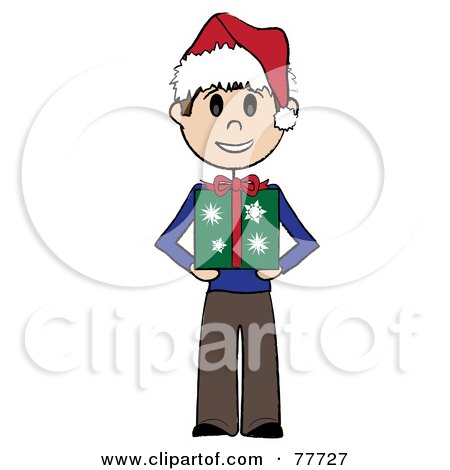 Royalty-Free (RF) Clipart Illustration of a Caucasian Stick Boy Wearing A Santa Hat And Holding A Christmas Gift by Pams Clipart